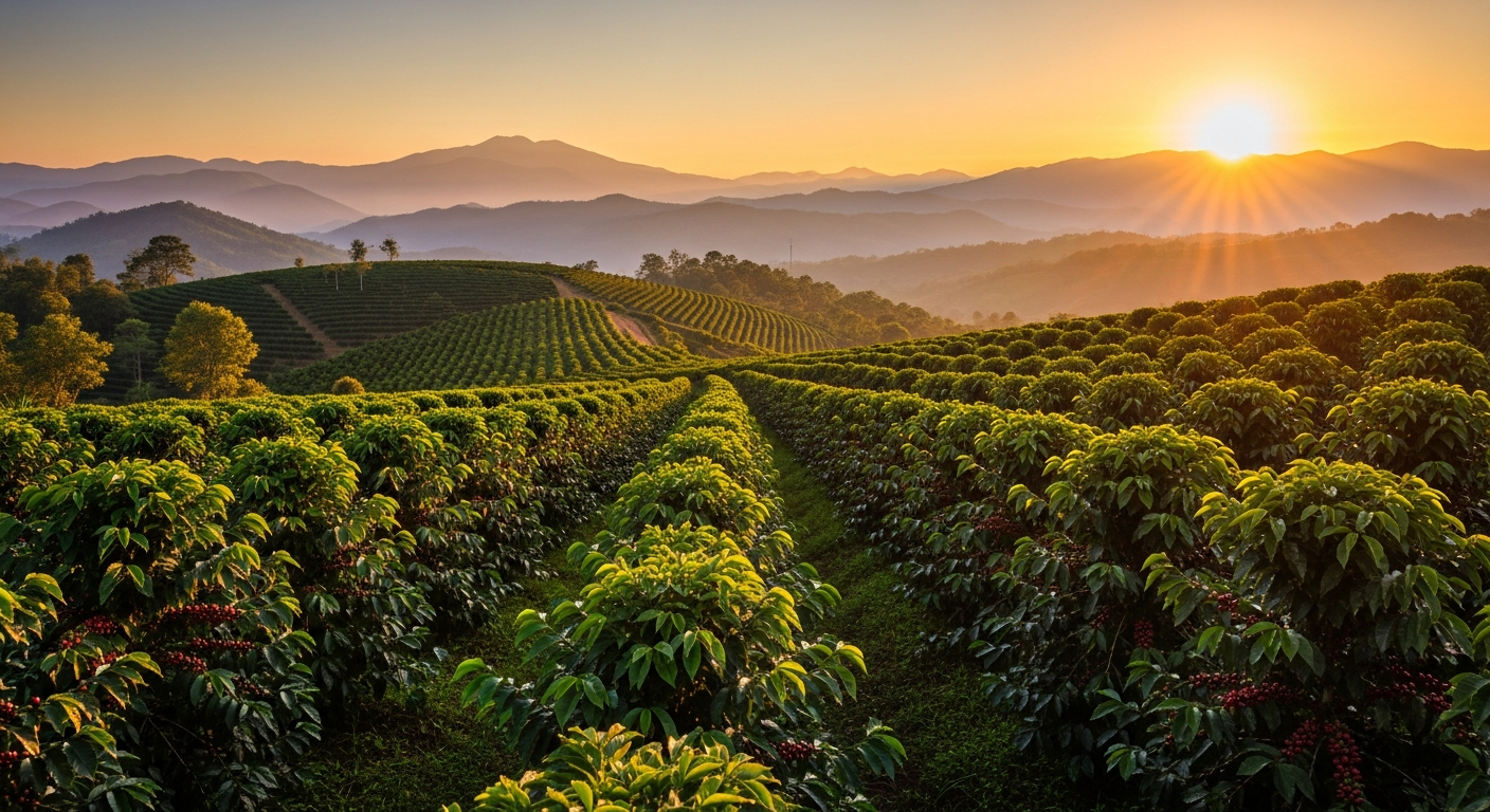 AI_IMAGE: Lush green coffee farm on a hillside at golden hour, neat rows of coffee plants stretching toward misty mountains in the distance, warm saturated colors, documentary editorial style, landscape orientation | photorealistic | landscape