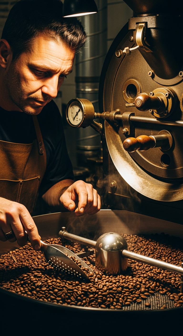 AI_IMAGE: A coffee roaster leaning over a vintage drum roaster, checking freshly roasted beans tumbling in the cooling tray, warm directional light from above, editorial close-up, espresso and ochre tones, high contrast with grain | photorealistic | portrait