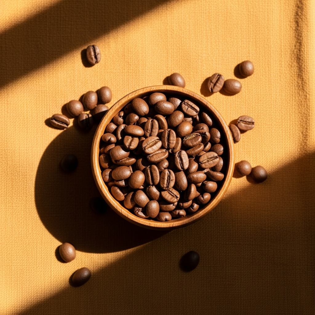 AI_IMAGE: Overhead shot of medium-roast coffee beans in a small wooden bowl on a warm ochre linen cloth, natural daylight, soft shadows, editorial food photography | photorealistic | square