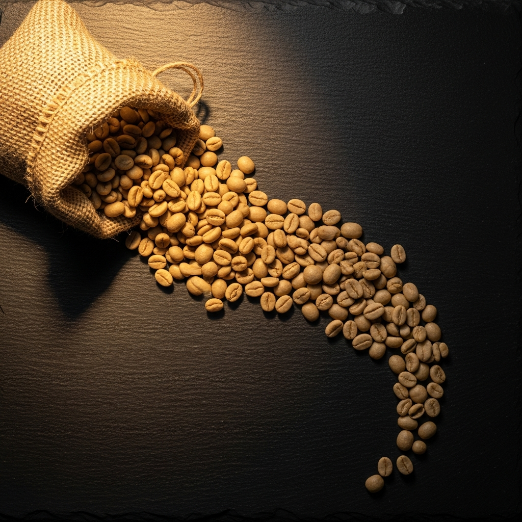 AI_IMAGE: Overhead shot of light-roast coffee beans spilling from a burlap sack onto a dark slate surface, warm golden light from the left, editorial food photography | photorealistic | square