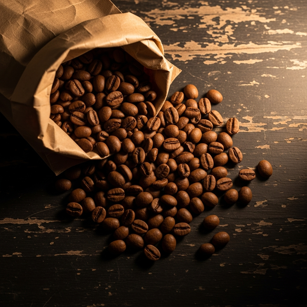AI_IMAGE: Overhead shot of medium-roast coffee beans in a kraft paper bag on a dark wooden surface, warm side-lighting, shallow depth of field, editorial food photography style | photorealistic | square