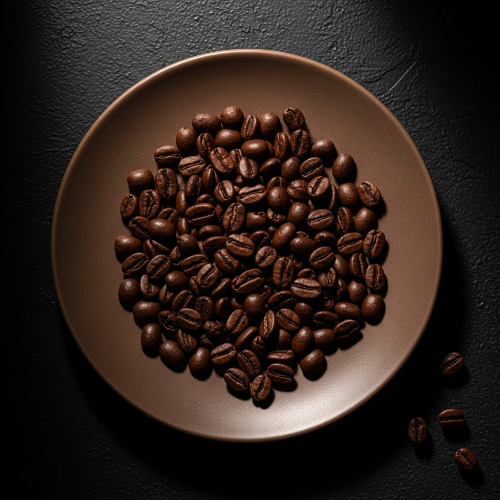 AI_IMAGE: Overhead shot of dark medium-roast coffee beans arranged on a ceramic plate with a matte espresso-brown surface, dramatic side-lighting, high contrast editorial food photography | photorealistic | square