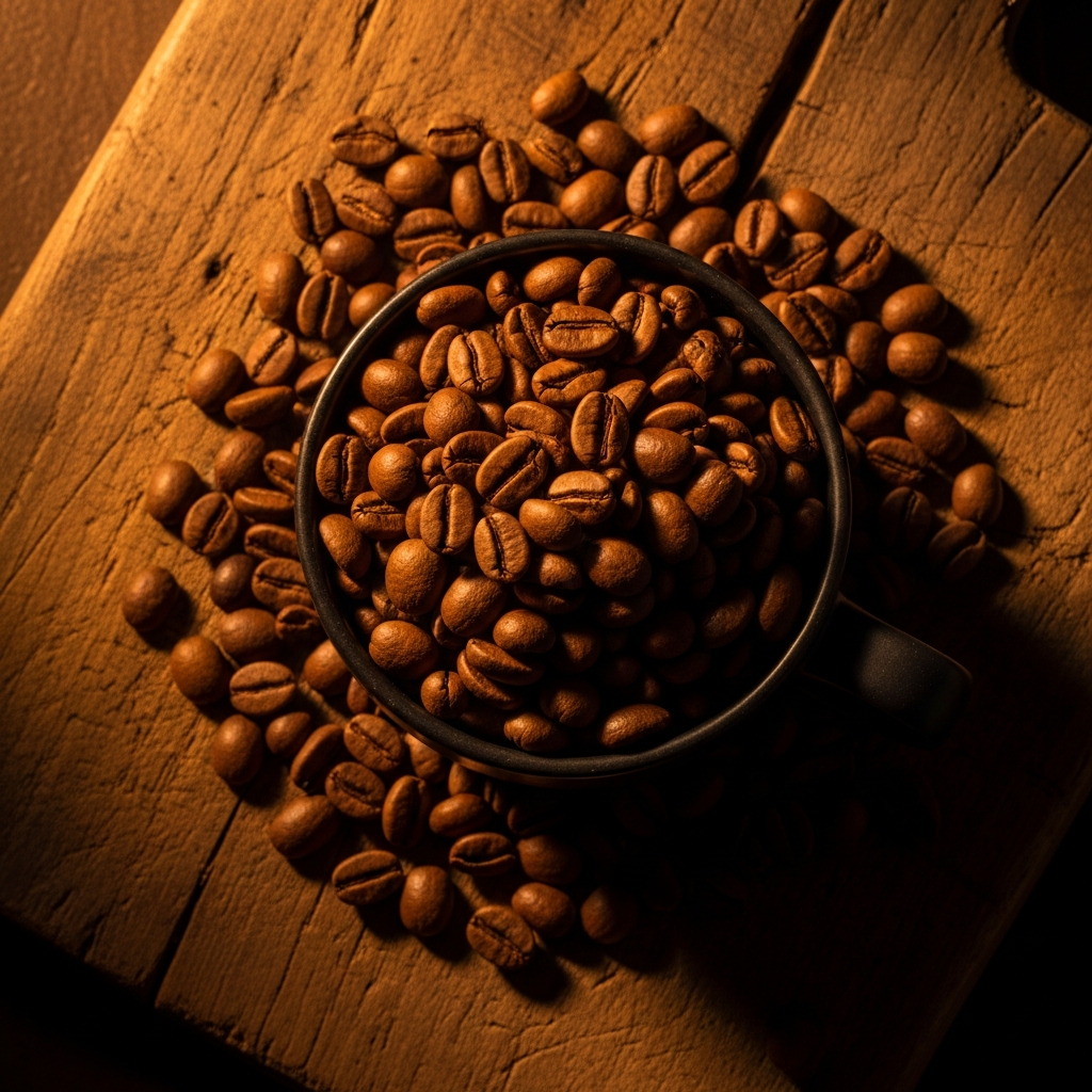 AI_IMAGE: Overhead shot of medium-roast coffee beans in a dark ceramic cup on a rustic wooden board, warm amber lighting, high contrast, editorial food photography | photorealistic | square