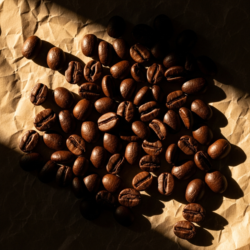 AI_IMAGE: Overhead shot of dark-roast oily coffee beans scattered on parchment paper, warm amber side-lighting, rich contrast, editorial food photography | photorealistic | square