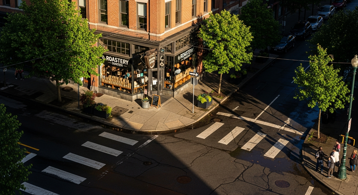 AI_IMAGE: An aerial overhead view of a warm downtown Portland arts district street corner with a small artisanal coffee roastery storefront, warm afternoon sunlight casting long shadows, urban textures, muted earth tones with pops of green foliage, editorial documentary photography style | photorealistic | landscape