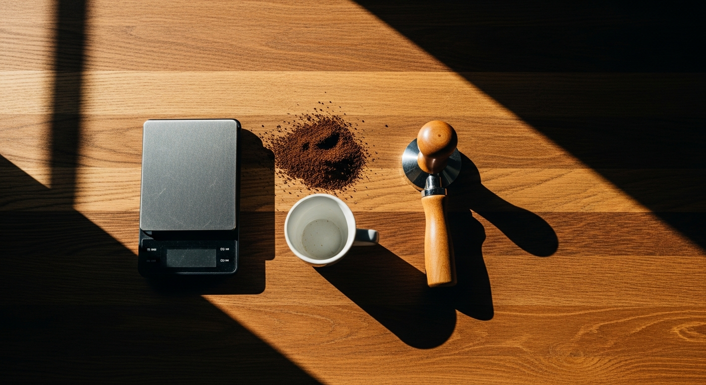 AI_IMAGE: overhead shot of a wooden counter with a precision scale, espresso tamper, and scattered coffee grounds beside a white demitasse, natural window light casting long shadows, warm tones, editorial still life | photorealistic | landscape