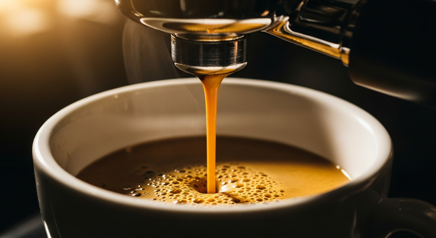 AI_IMAGE: close-up of espresso pouring from a bottomless portafilter into a white ceramic cup, rich crema forming, warm directional lighting against dark background, shallow depth of field, editorial coffee photography with high contrast | photorealistic | landscape