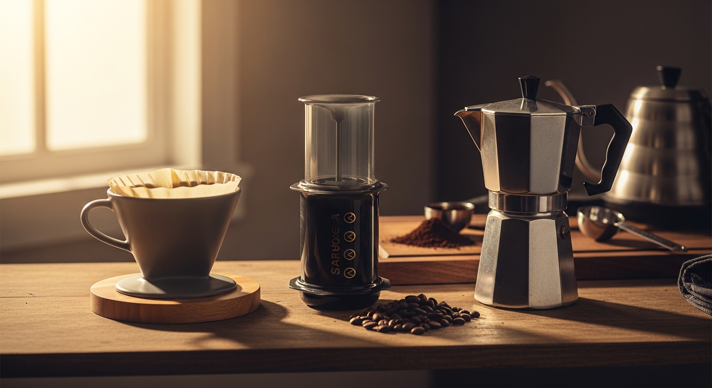 AI_IMAGE: warm-toned editorial photograph of three different coffee brewers arranged on a wooden shelf — a ceramic pour-over dripper, an AeroPress, and a stovetop Moka pot — with soft morning window light and shallow depth of field, coffee grounds and a gooseneck kettle in background | photorealistic | landscape