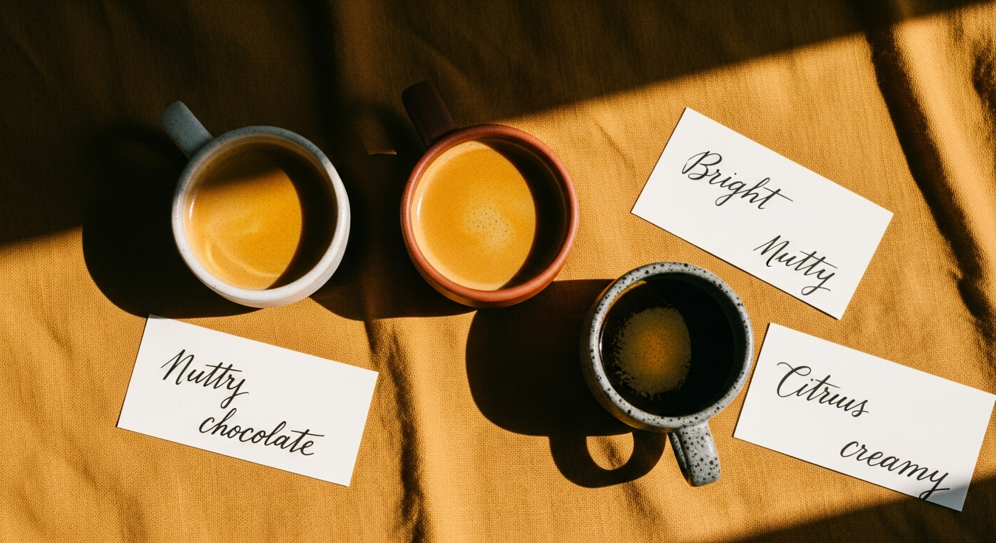AI_IMAGE: overhead view of three small ceramic cups filled with different shades of brewed coffee arranged on a warm ochre linen cloth beside handwritten tasting cards, natural side-lighting with high contrast and grain, editorial food photography | photorealistic | landscape