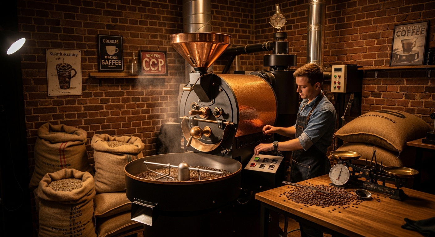 AI_IMAGE: Interior of a small artisan coffee roastery with a large copper drum roaster in warm amber light, burlap sacks of green beans stacked against exposed brick walls, steam rising, cinematic wide shot, editorial photography | photorealistic | landscape