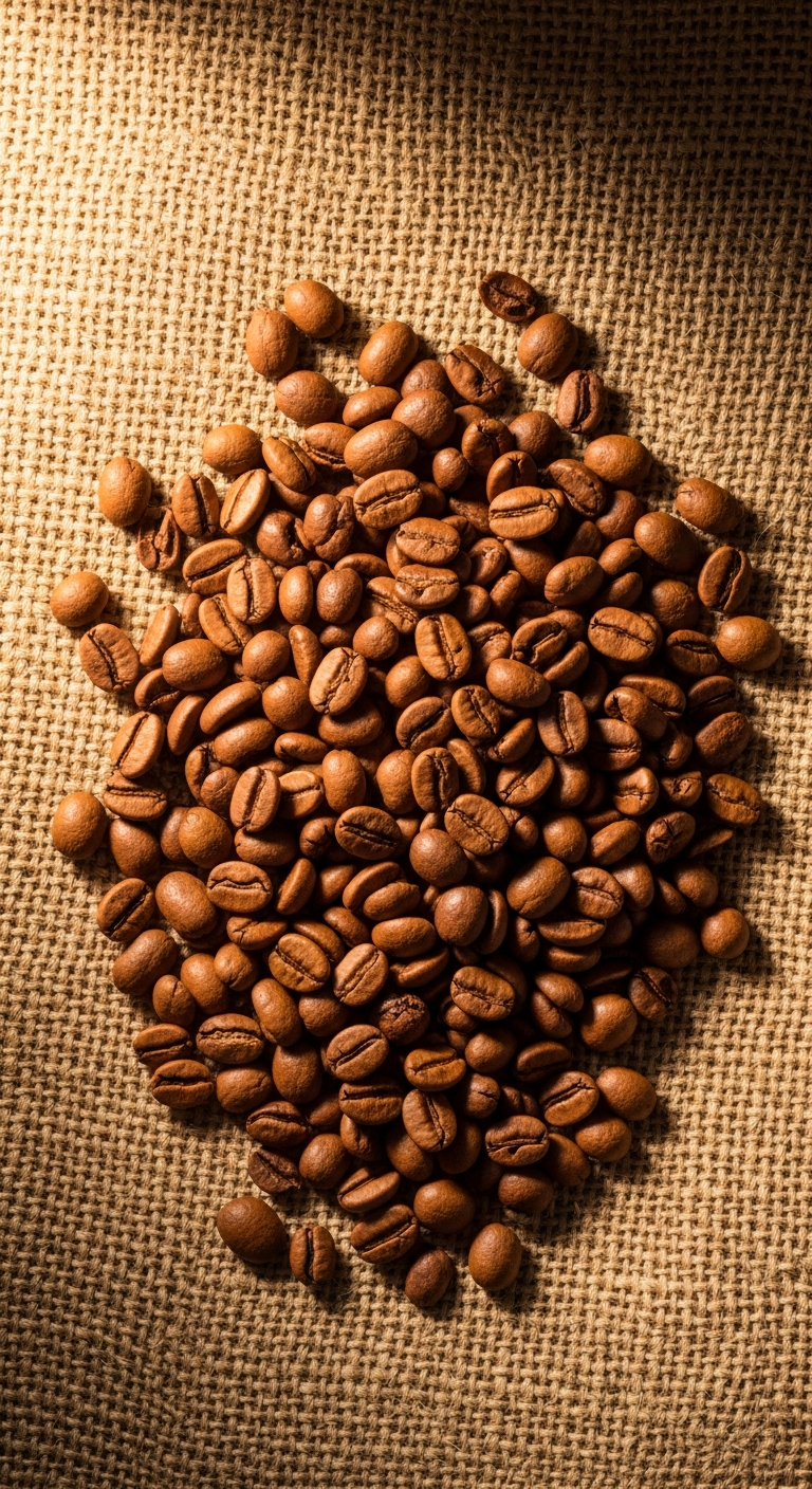 AI_IMAGE: A top-down shot of medium roasted whole coffee beans scattered on a burlap sack with warm golden natural lighting, editorial food photography style | photorealistic | portrait