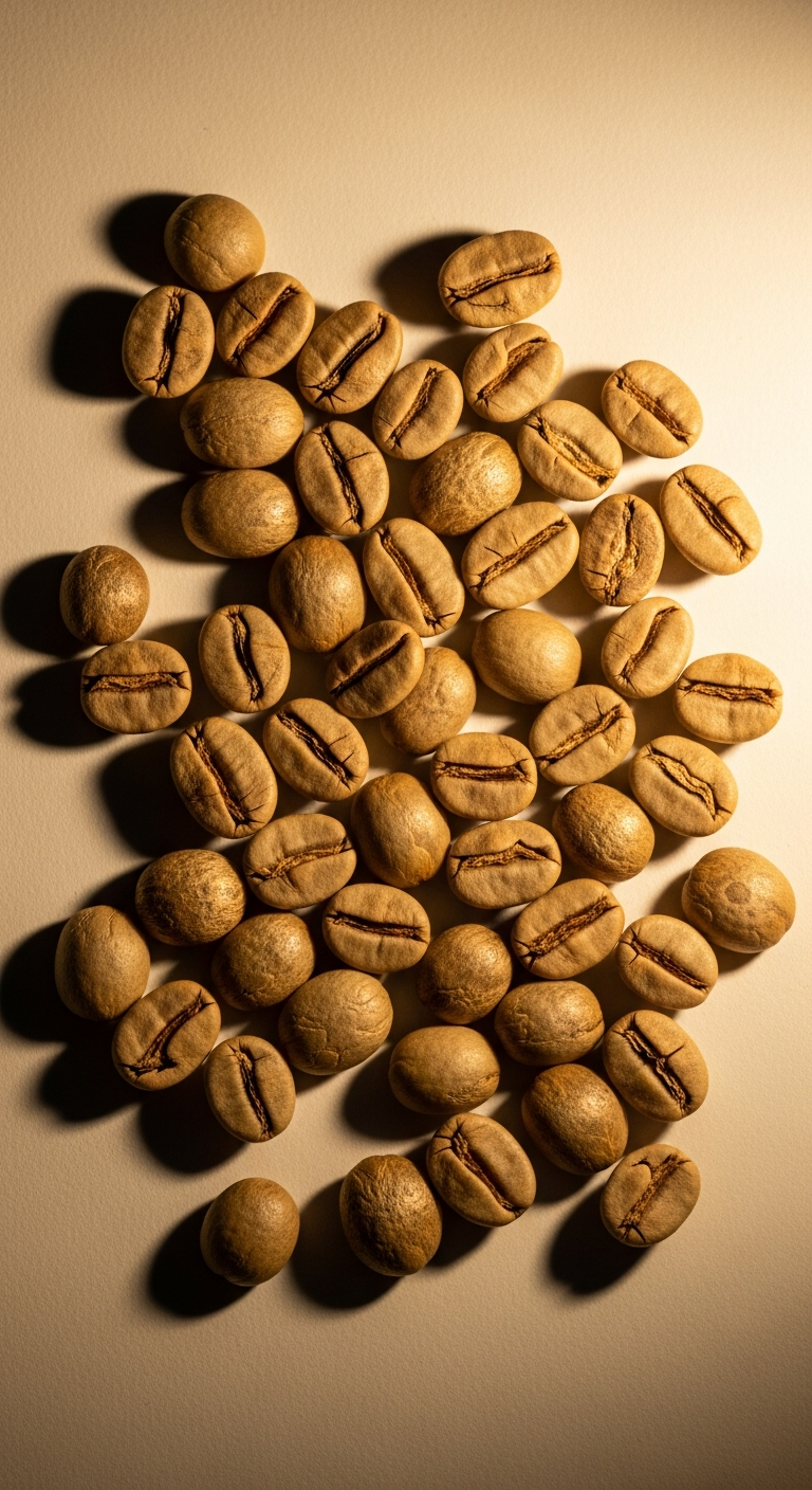 AI_IMAGE: A top-down shot of light roasted whole coffee beans on a warm cream parchment surface, single origin Ethiopian, warm side-lighting with high contrast, editorial style | photorealistic | portrait