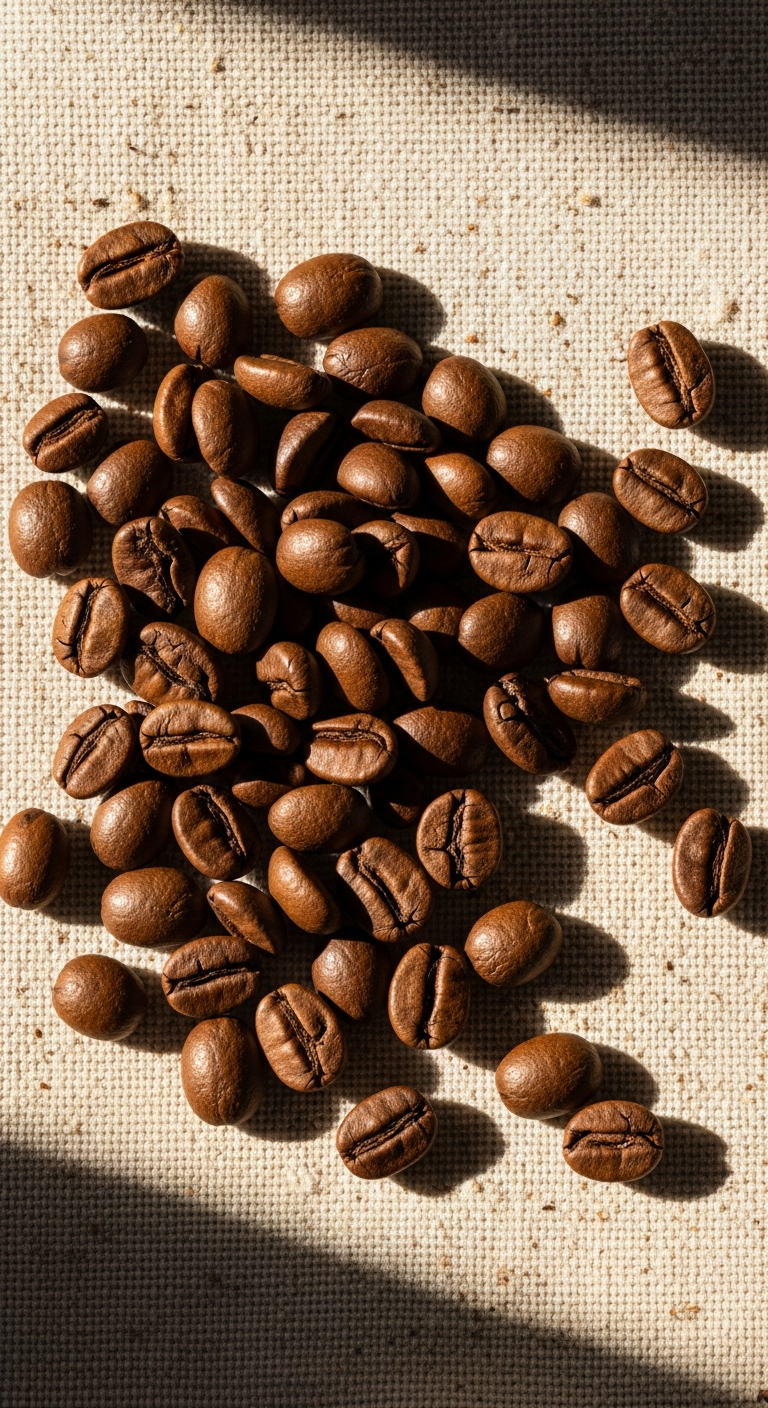 AI_IMAGE: A top-down shot of medium roasted whole coffee beans on a cream-colored linen cloth, warm natural side-lighting with high contrast, editorial food photography | photorealistic | portrait