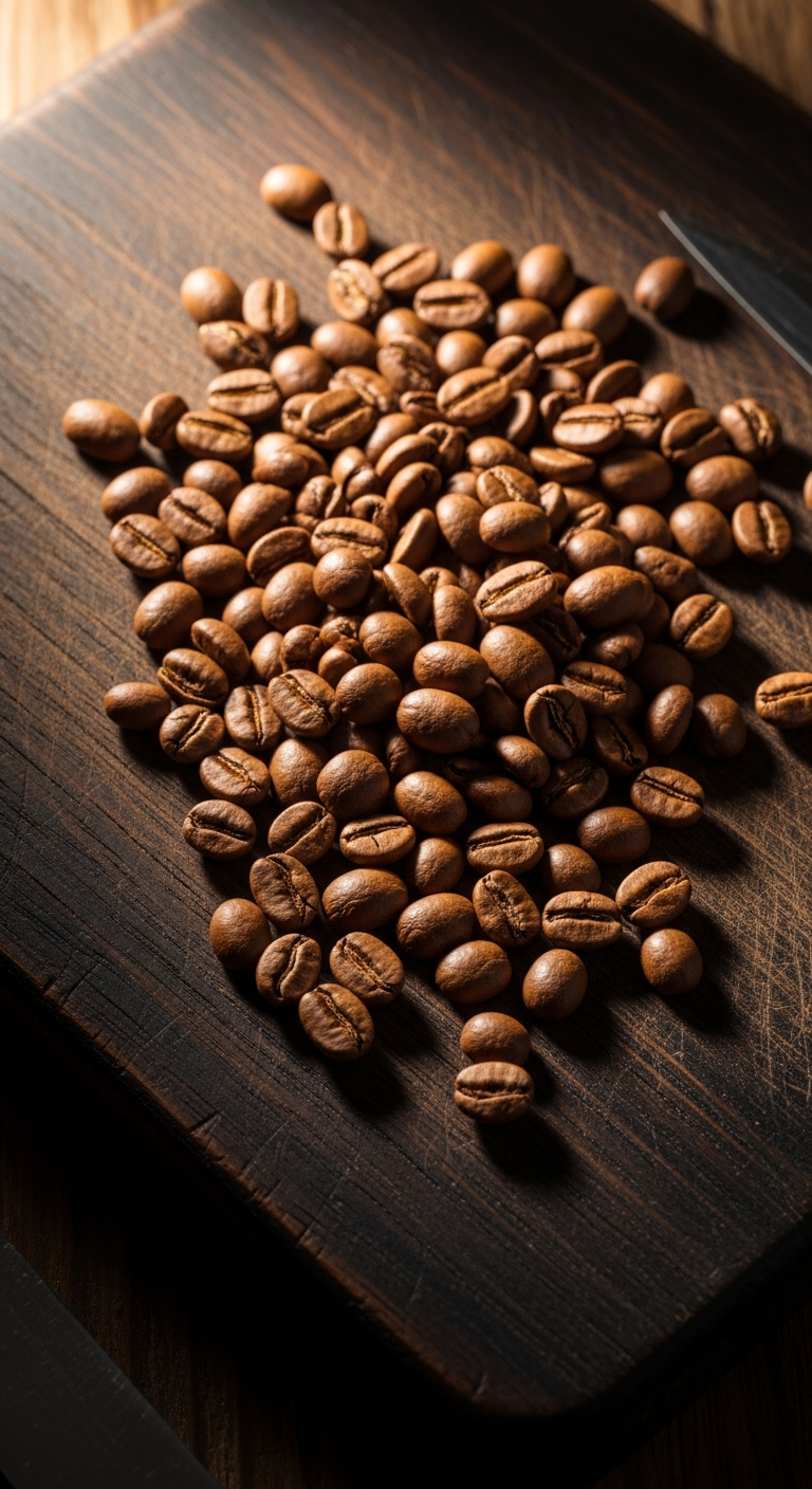 AI_IMAGE: A top-down shot of medium roasted whole coffee beans on a dark wooden cutting board with warm ambient lighting, high contrast editorial photography | photorealistic | portrait