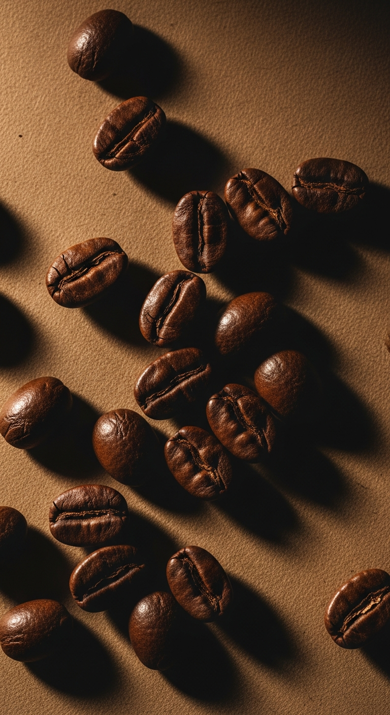 AI_IMAGE: A top-down shot of dark roasted whole coffee beans on a textured brown paper surface, moody warm lighting with deep shadows, editorial style photography | photorealistic | portrait